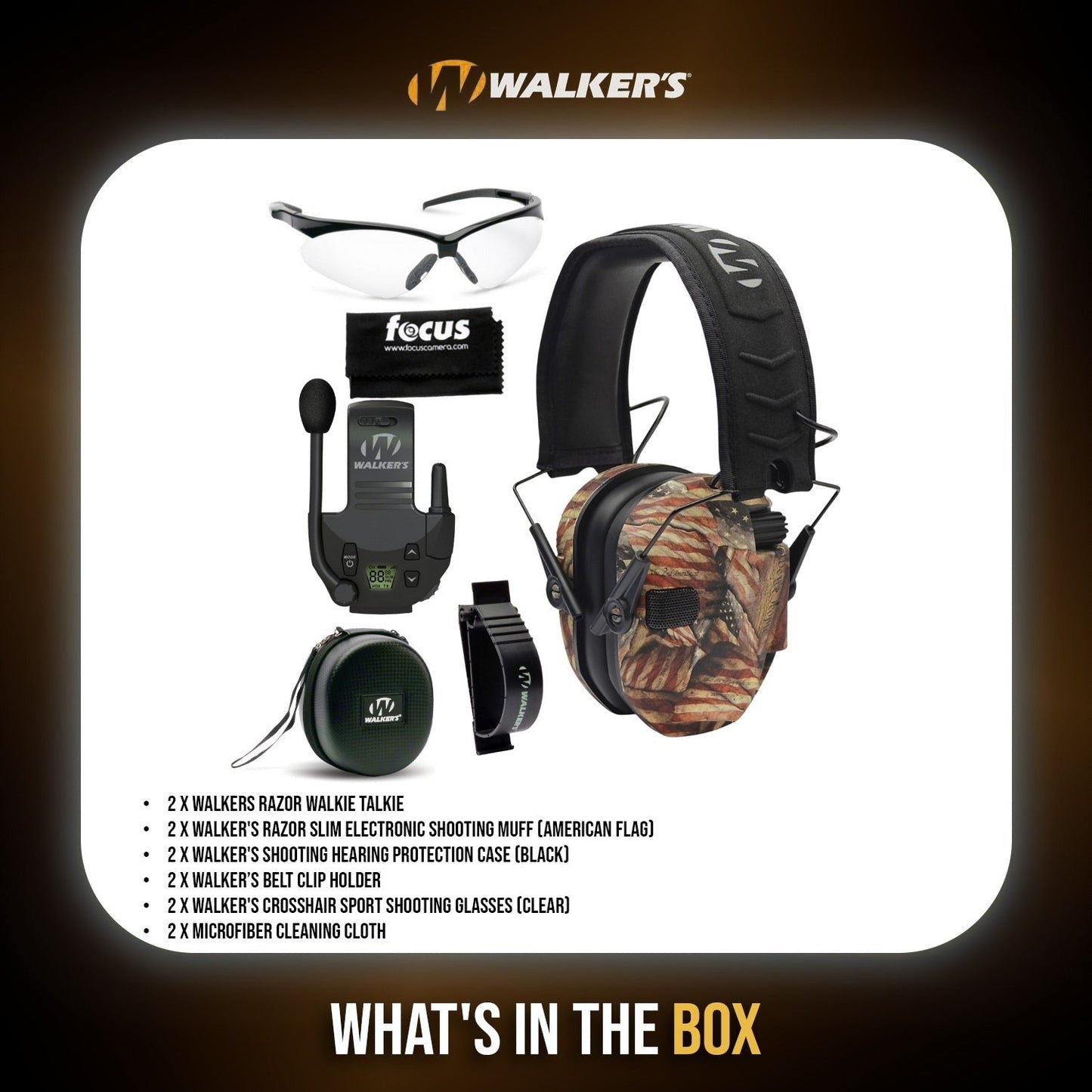 Walkers Razor Walkie Talkie Bundle with Ear Muff (American Flag) and Accessories