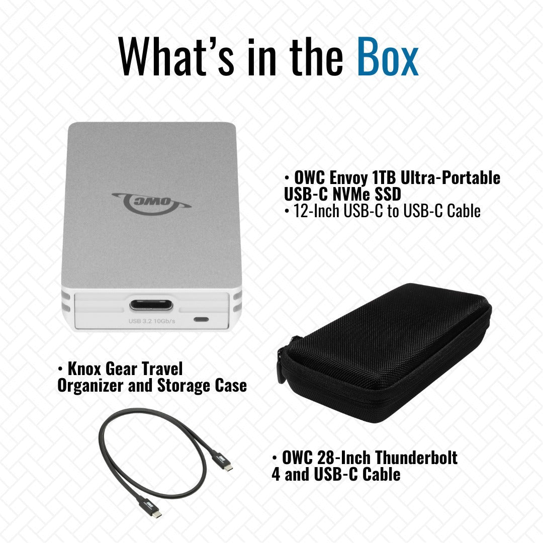 OWC Envoy 1TB Ultra-Portable USB-C NVMe SSD with 1000 MBPS Transfer Speed (Silver) Bundle
