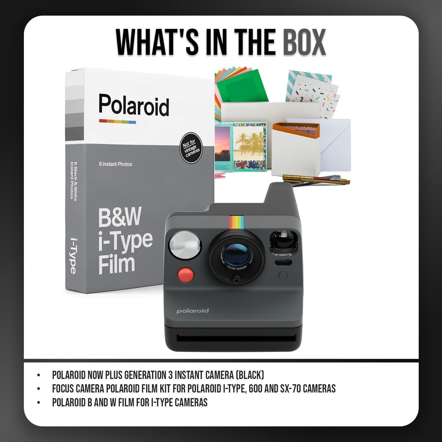 Polaroid Now Generation 3 Instant Camera with Built-In Tripod Mount and Film Kit (Black) Bundle