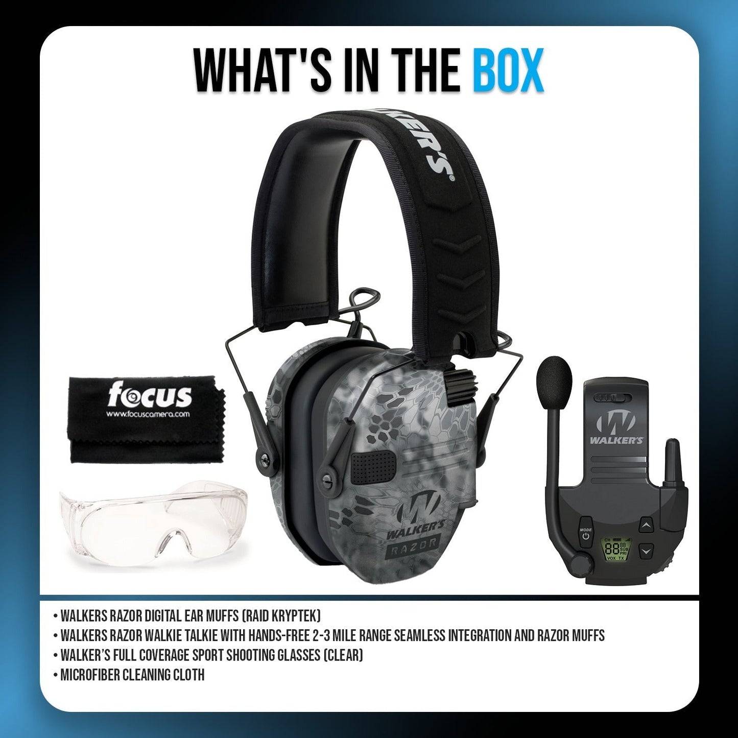 Walkers Razor Digital Ear Muffs (Raid Kryptek) Bundle with Accessories