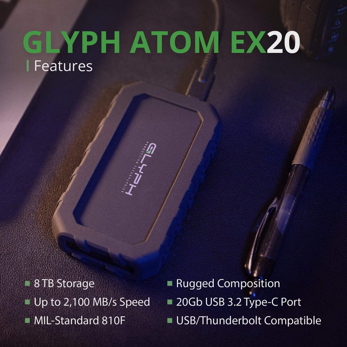 Glyph Atom EX20 High-Intensity 8TB Portable NVMe SSD with USB-C 3.2 Port (Black)