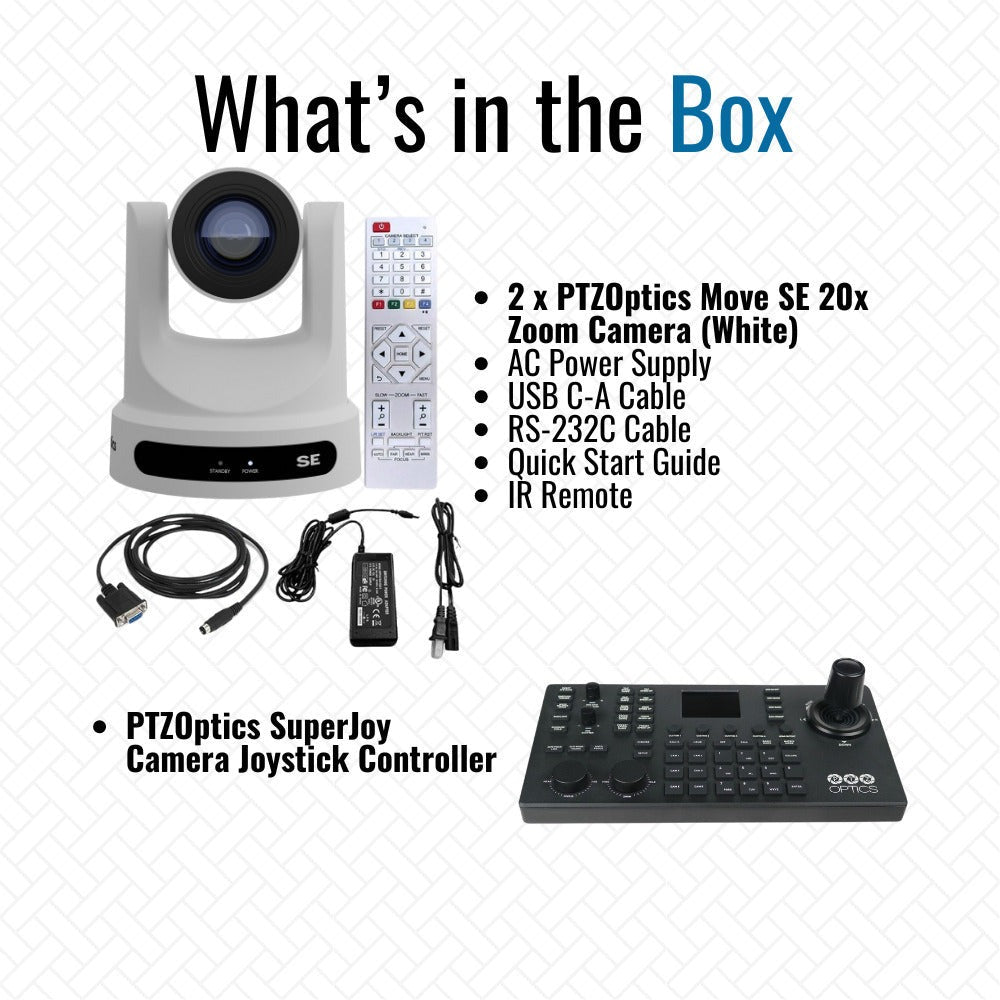 PTZOptics Move SE 20x 1080p PTZ Auto-Tracking Pan Tilt Zoom Camera (White, 2-Pack) Bundle