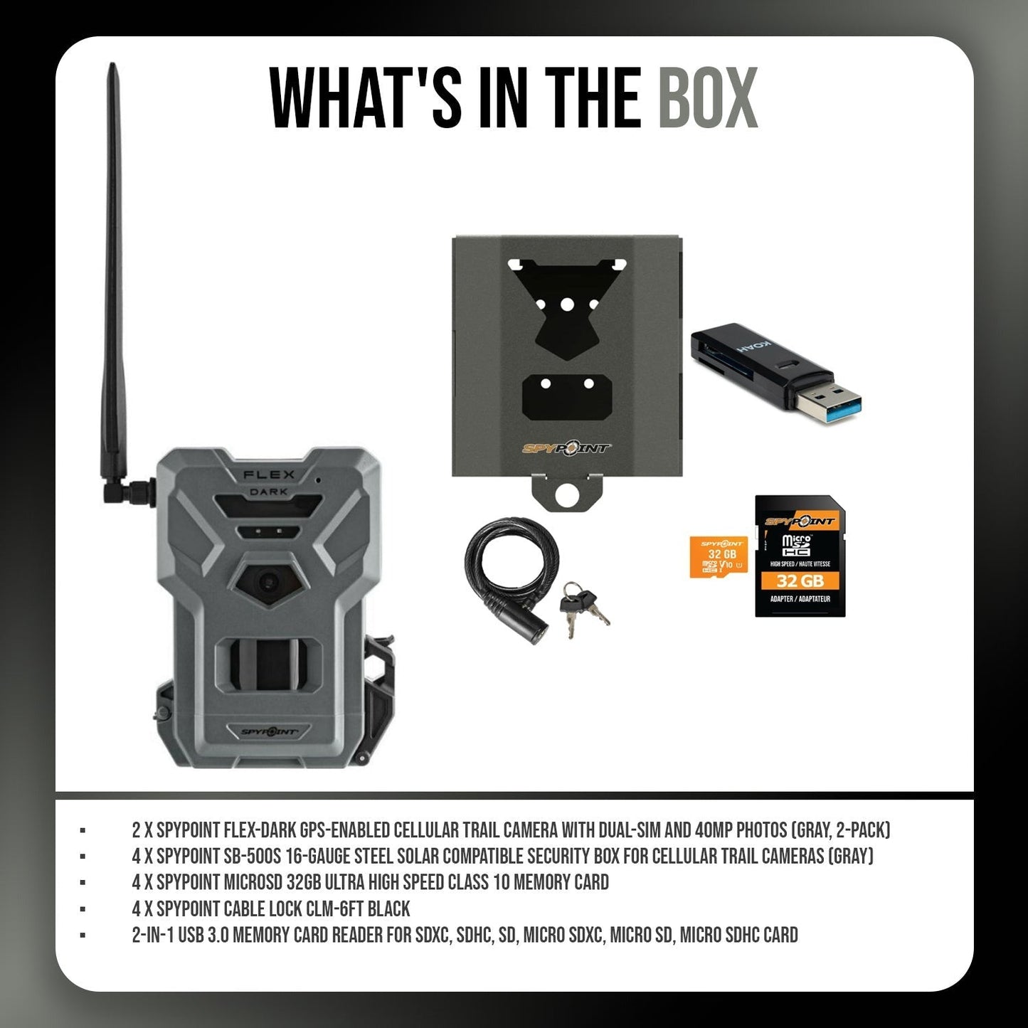 Spypoint Flex Dark Cellular Trail Camera (2 Pack) w/ Steel Case and Accessories