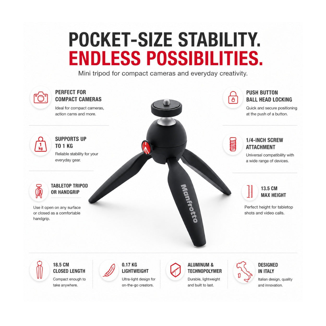 Manfrotto PIXI Mini Tabletop/Handgrip Tripod for Compact Cameras (Black)