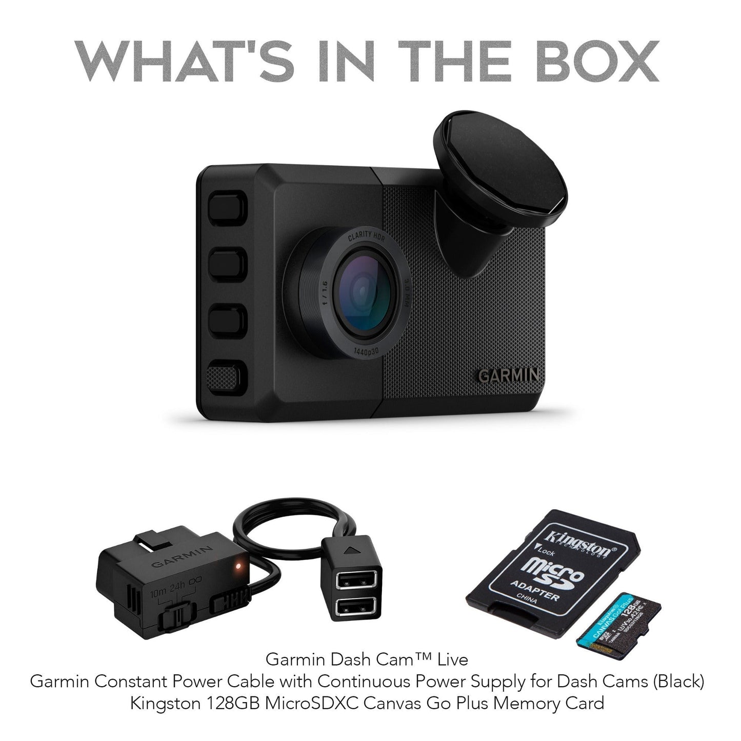 Garmin Dash CamTM Live Bundle with Constant Power Cable and 128GB MicroSDXC Card