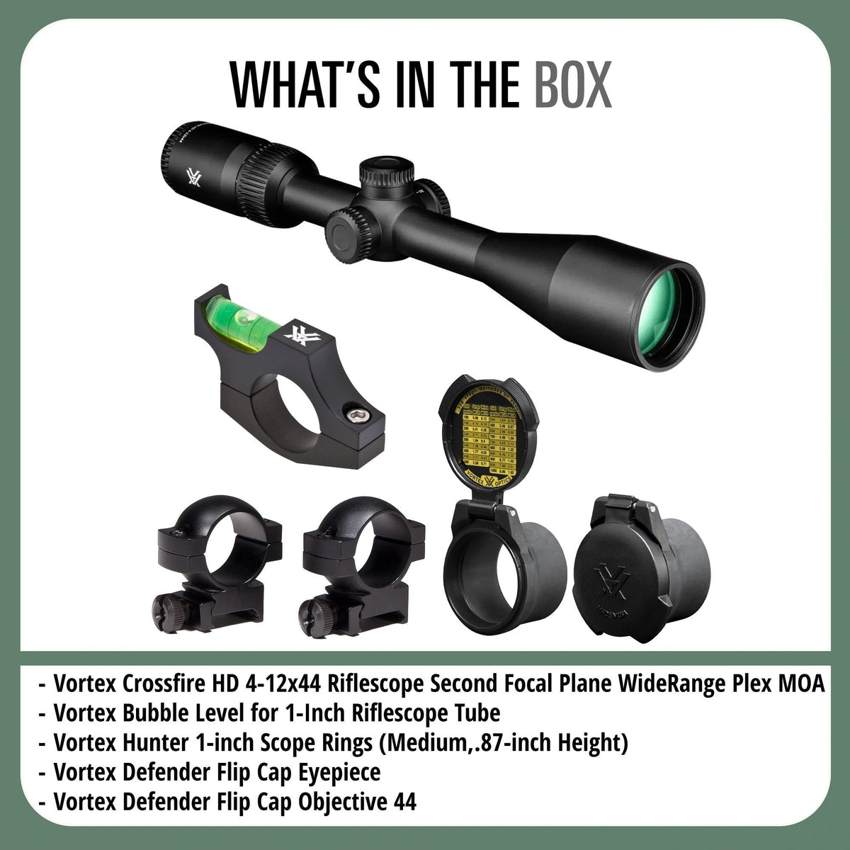 Vortex Optics Crossfire HD 4-12x44 WideRange Plex MOA Bundle with Accessories