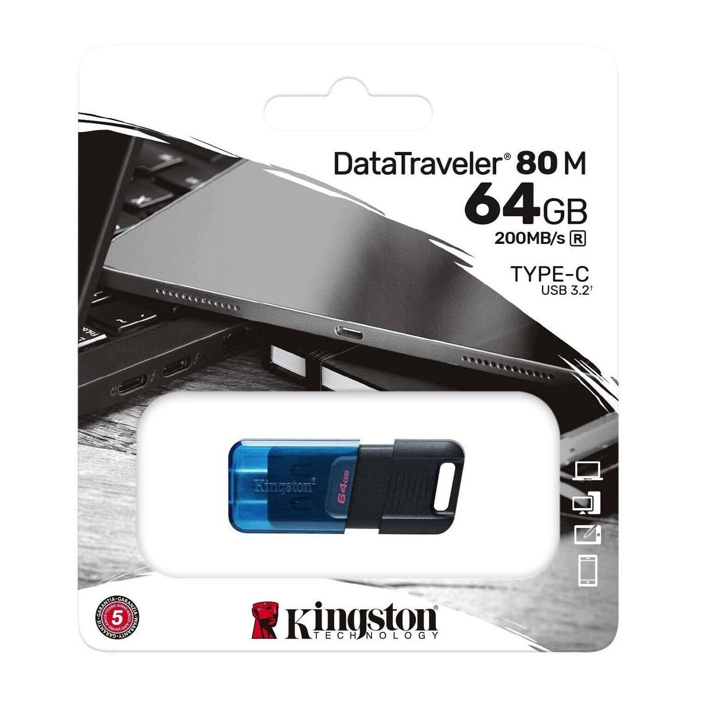 Kingstone 64GB DataTraveler 80 M Flash Drive for USB Type-C Devices with Up To 200MB/s Read Speed