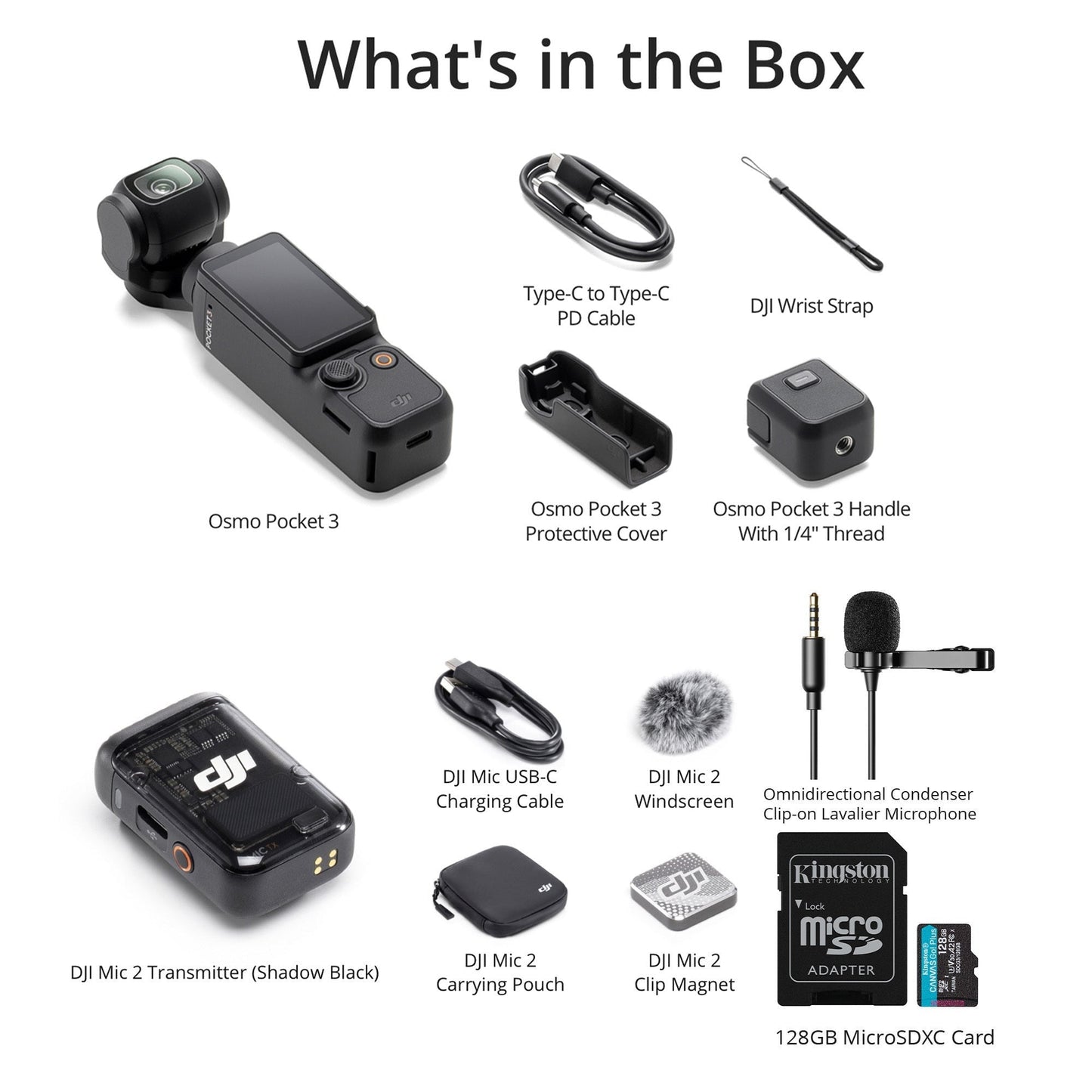 DJI Osmo Pocket 3 with Mic 2 (1 TX, Shadow Black), Lav Mic, and 128GB MicroSD Card bundle
