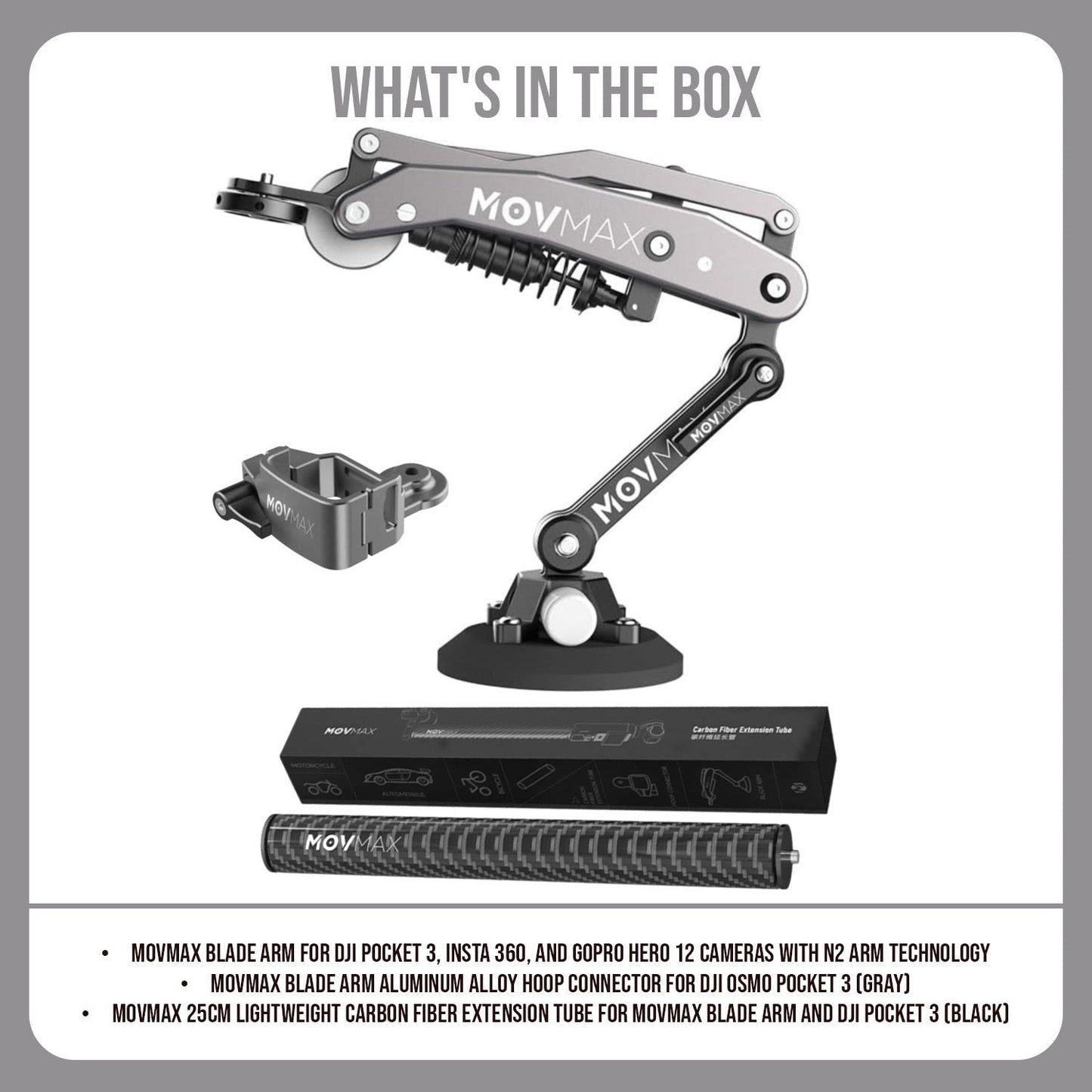 Movmax Blade Arm for DJI Pocket 3, Insta 360, and GoPro HERO 12 Cameras and Hoop Connector Bundle