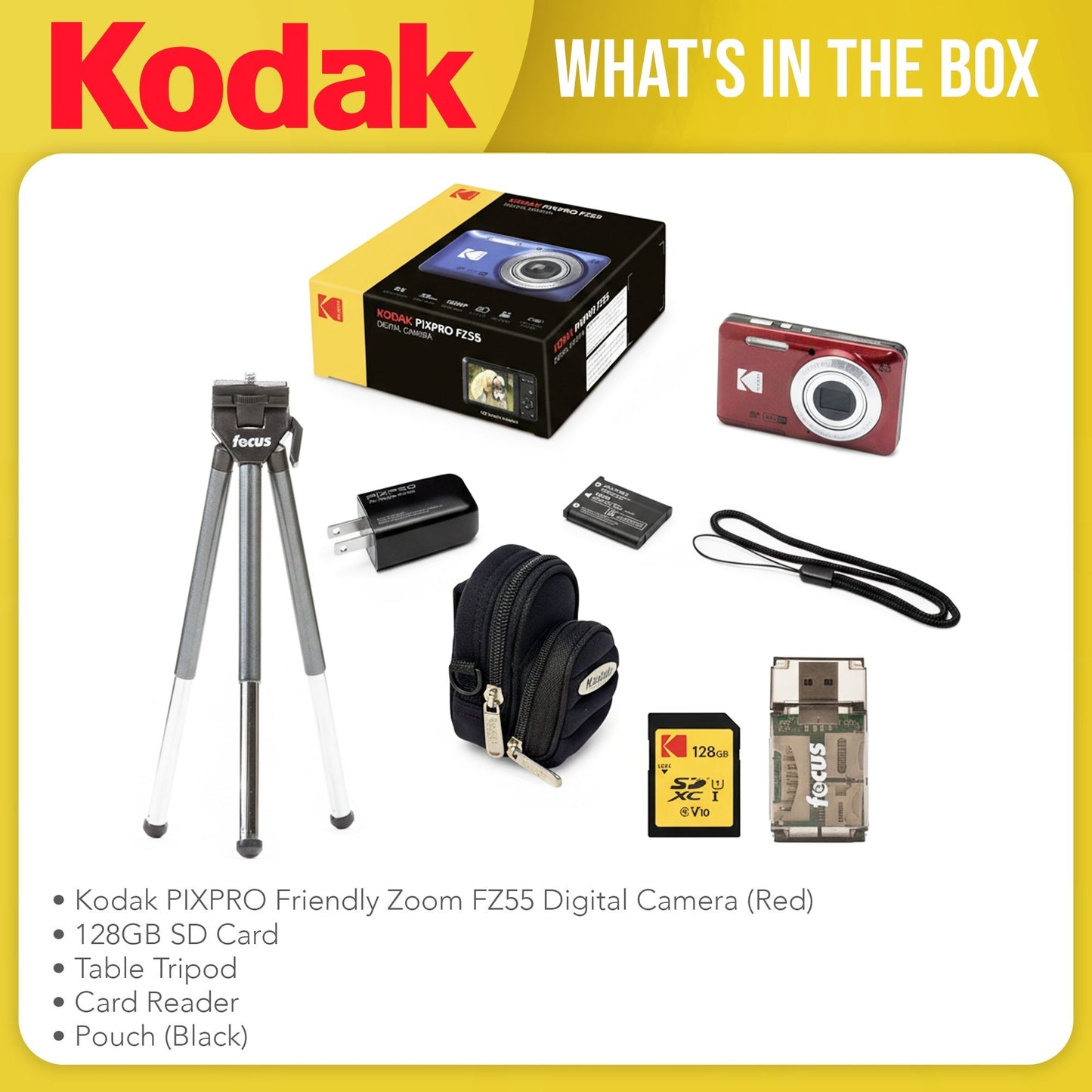 Kodak PIXPRO Friendly Zoom FZ55 Digital Camera (Red) Bundle