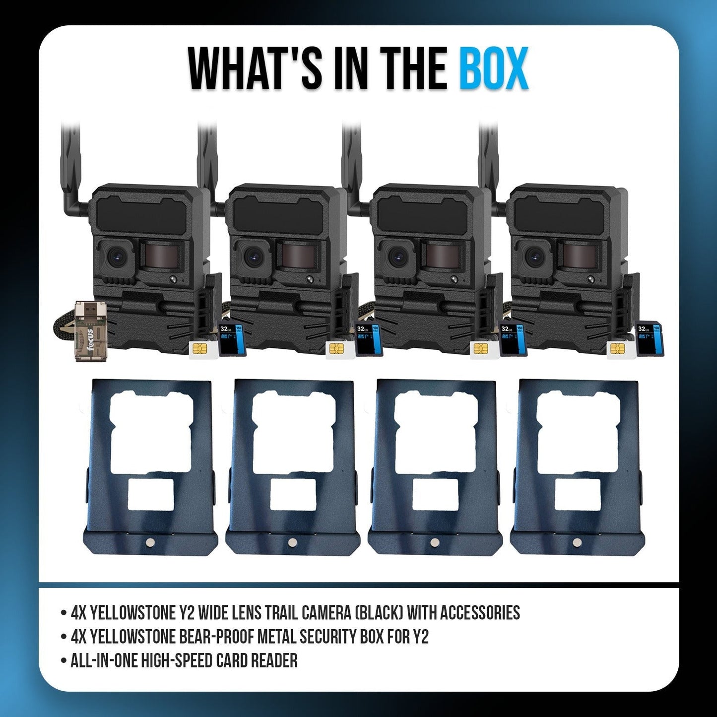 Yellowstone Y2 Black Wide Lens Trail Camera (4-Pack) with Security Box and Accs