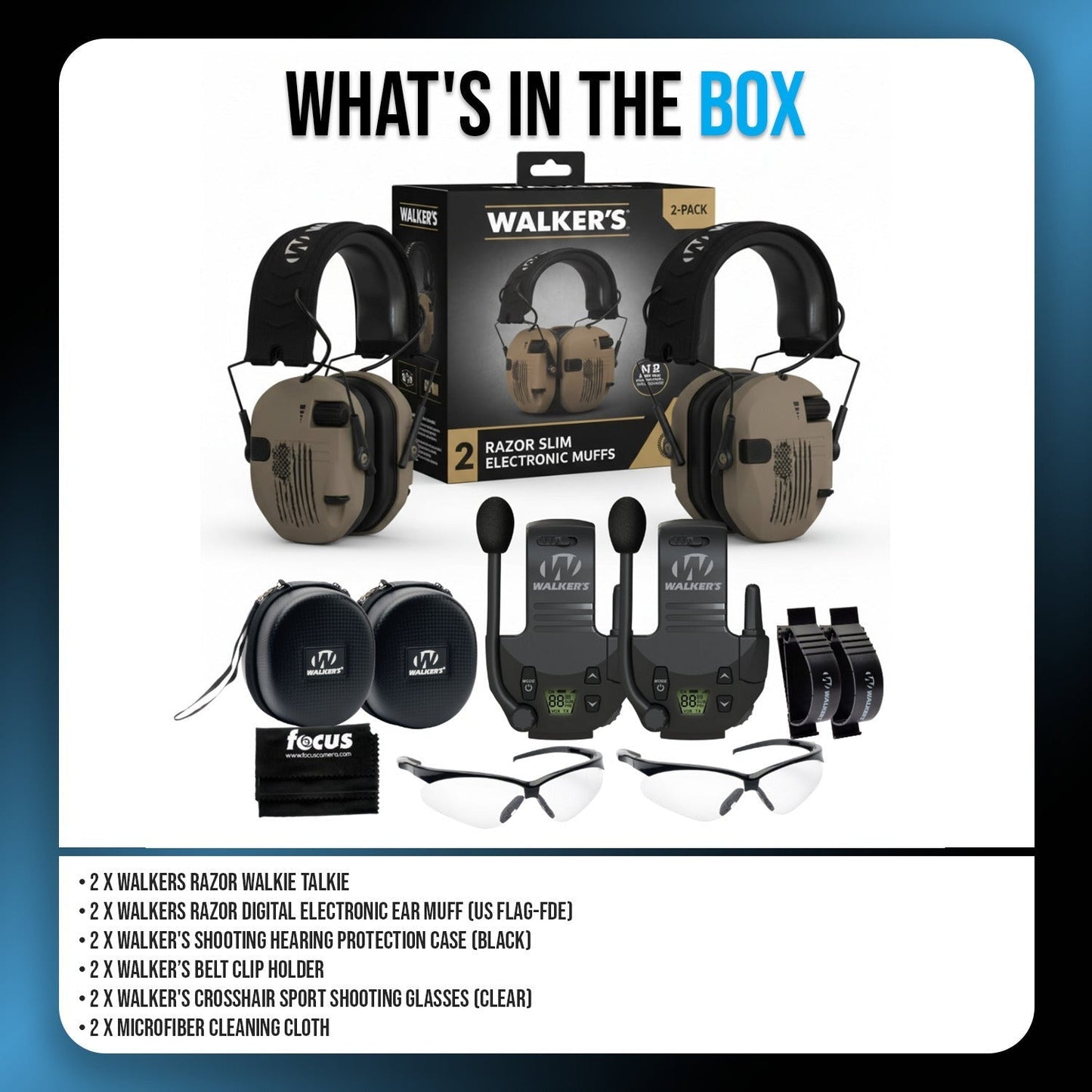 Walker's Razor Walkie Talkie Bundle with Ear Muff (US Flag-FDE) and Accessories