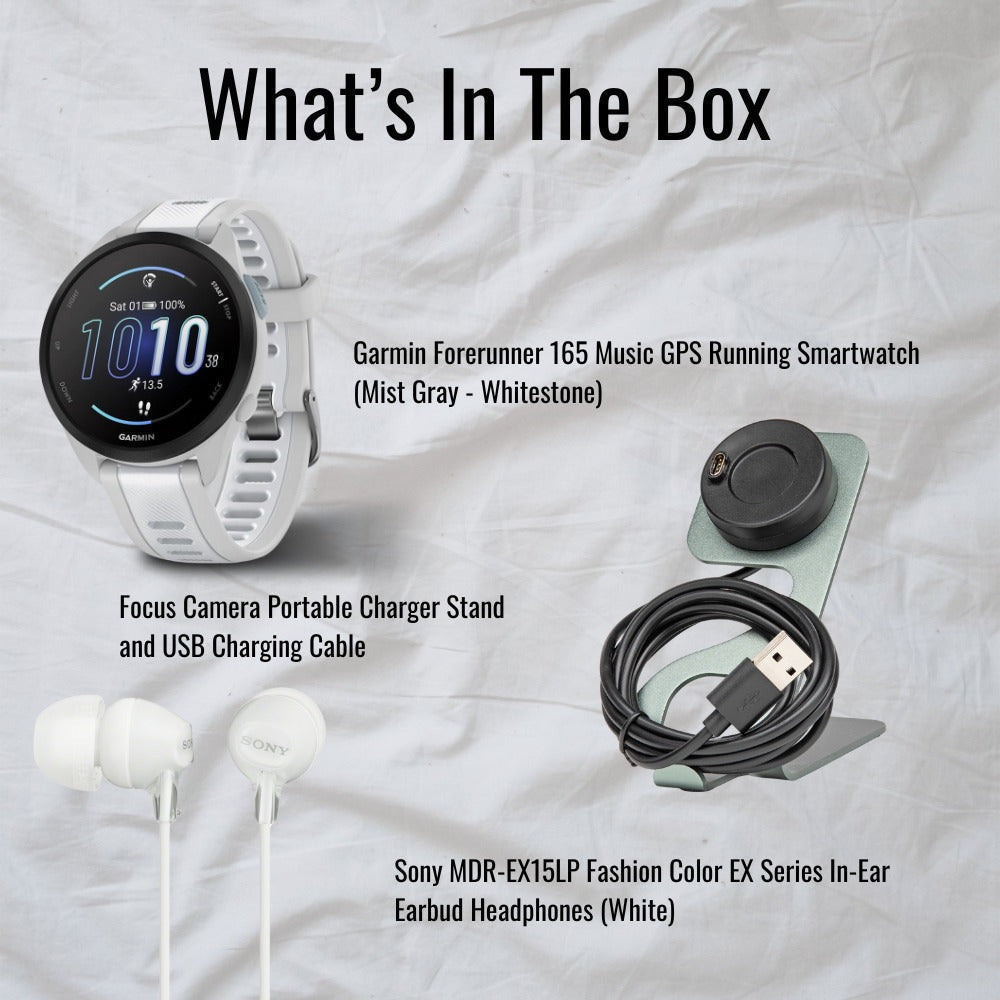 Garmin Forerunner 165 Music GPS Running Smartwatch (Mist Gray-Whitestone) with Charger Stand Bundle
