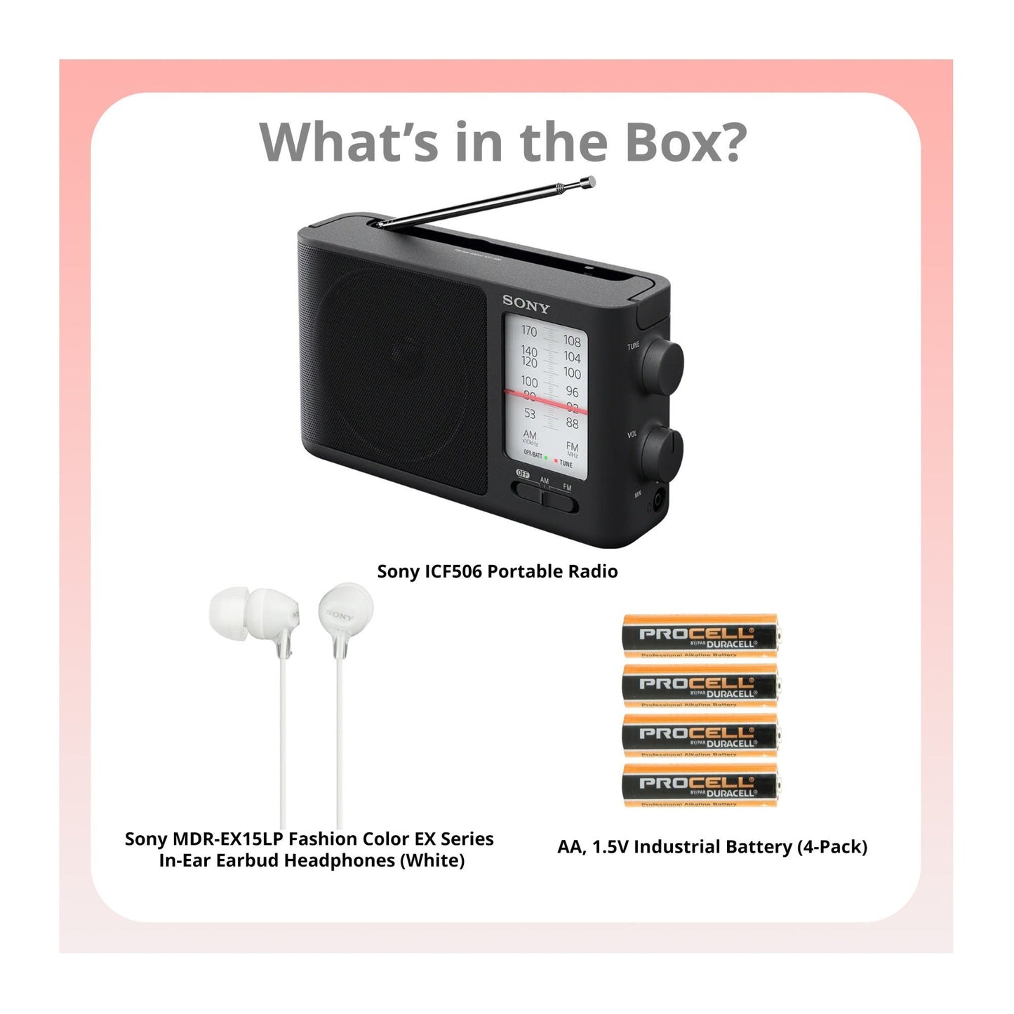Sony ICF506 Portable Radio with AA (4-pack) and In-Ear Earbud Headphones Bundle