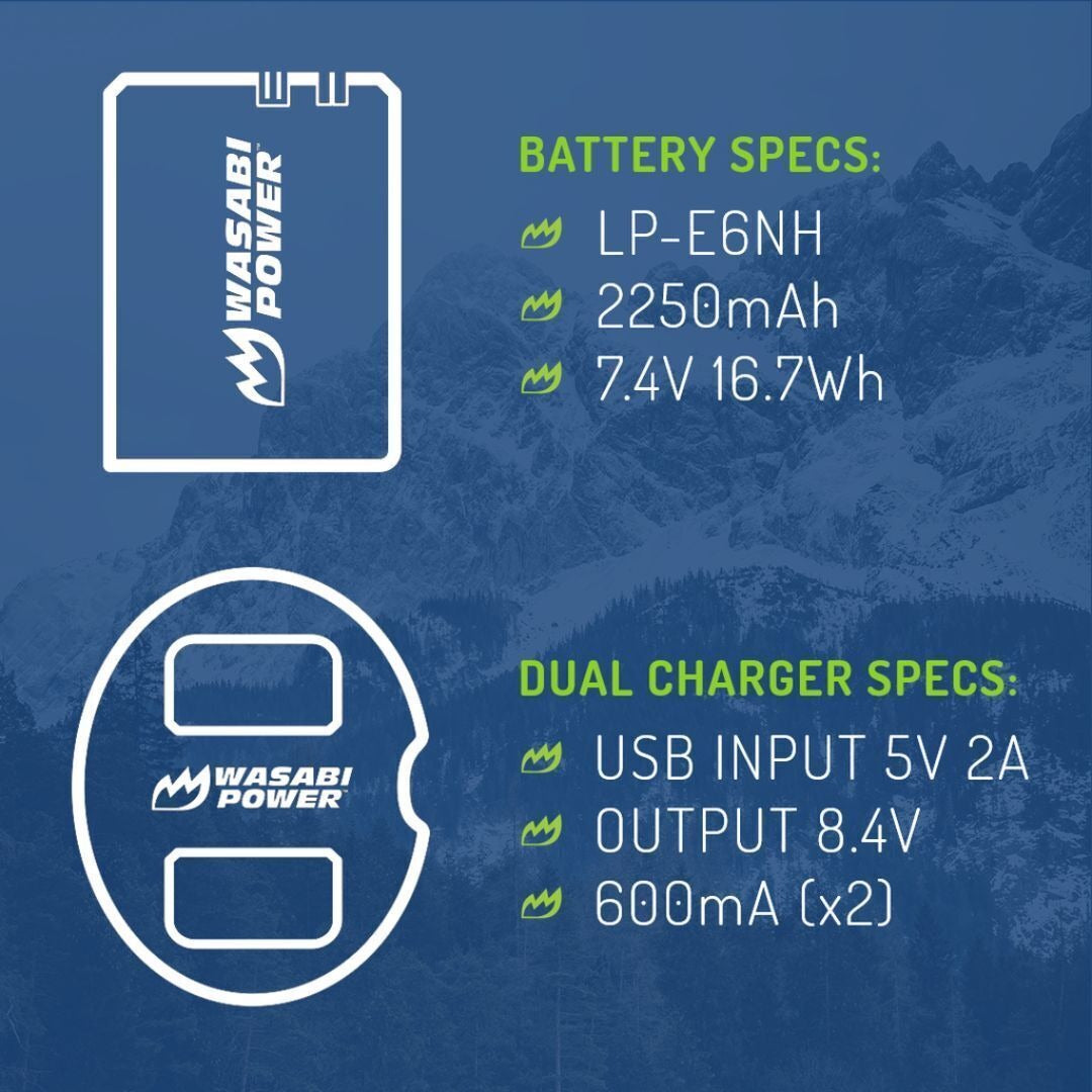 Wasabi Power LP-E6NH Rechargeable Li-Ion 2250 mAh Battery (2-Pack) and Dual Charger Kit (Black)