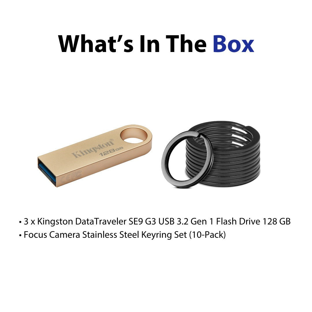 Kingston DataTraveler SE9 G3 USB 3.2 Gen 1 Flash Drive with Gold Casing (128GB) (3-Pack) Bundle
