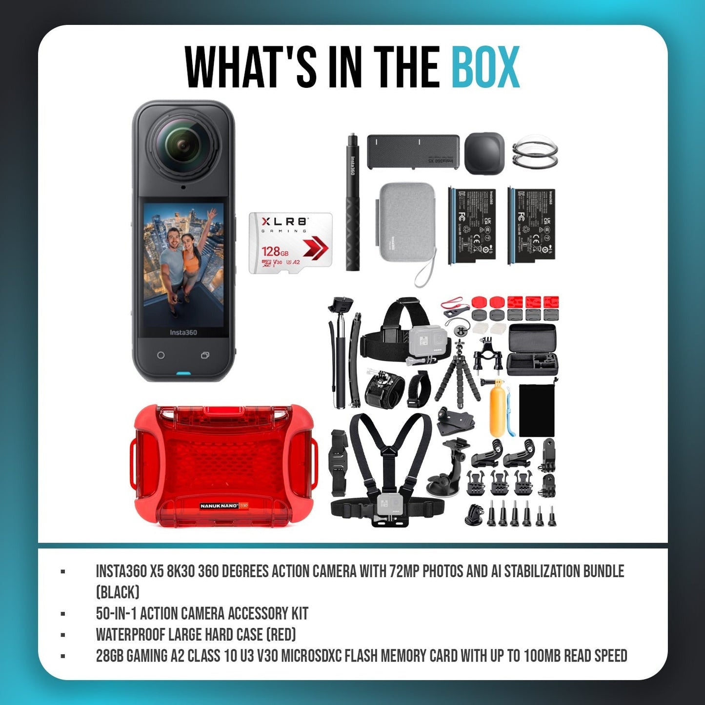 Insta360 X5 360 Action Camera Bundle with 128GB Memory Card and Accessories