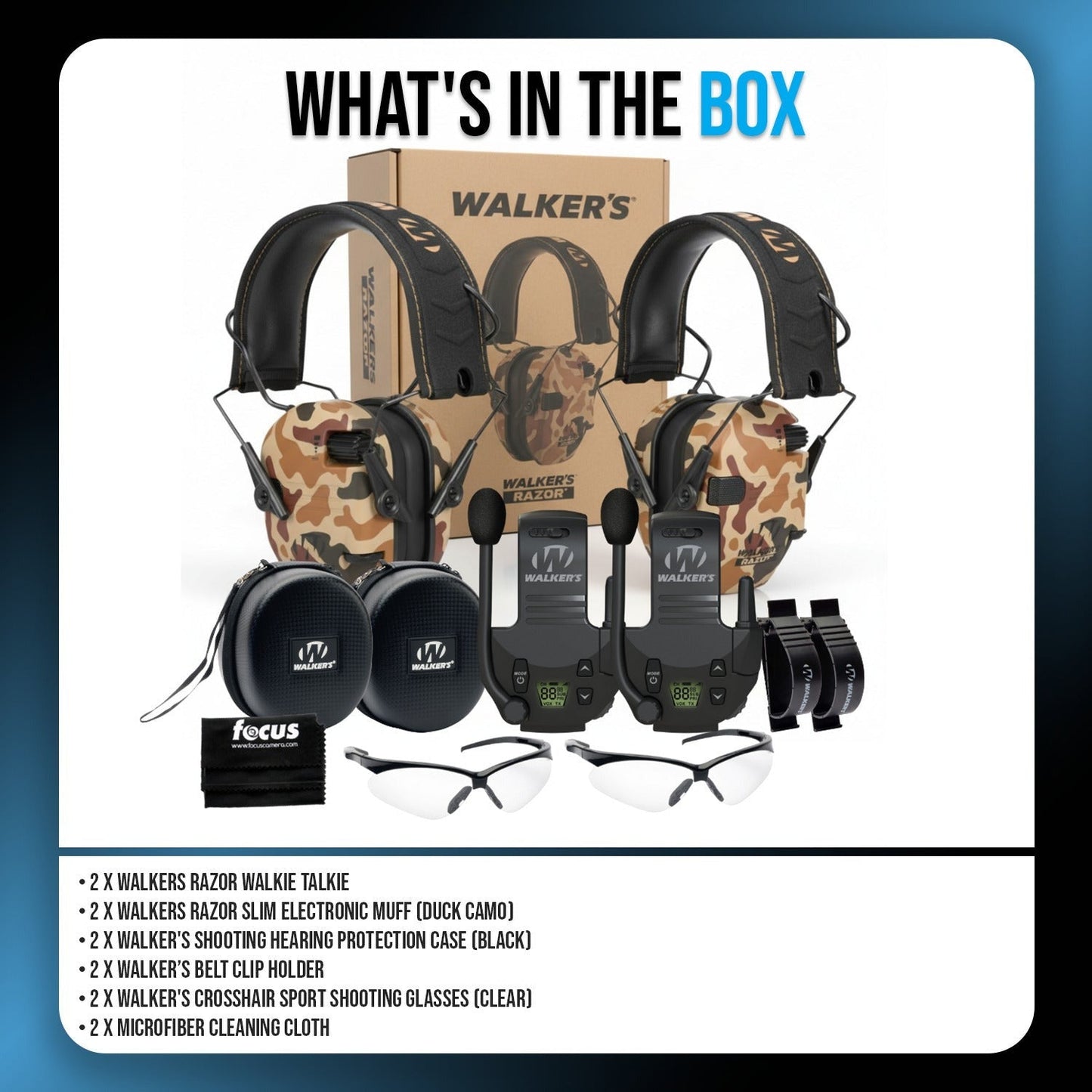 Walker's Razor Walkie Talkie Bundle with Ear Muff (Duck Camo) and Accessories