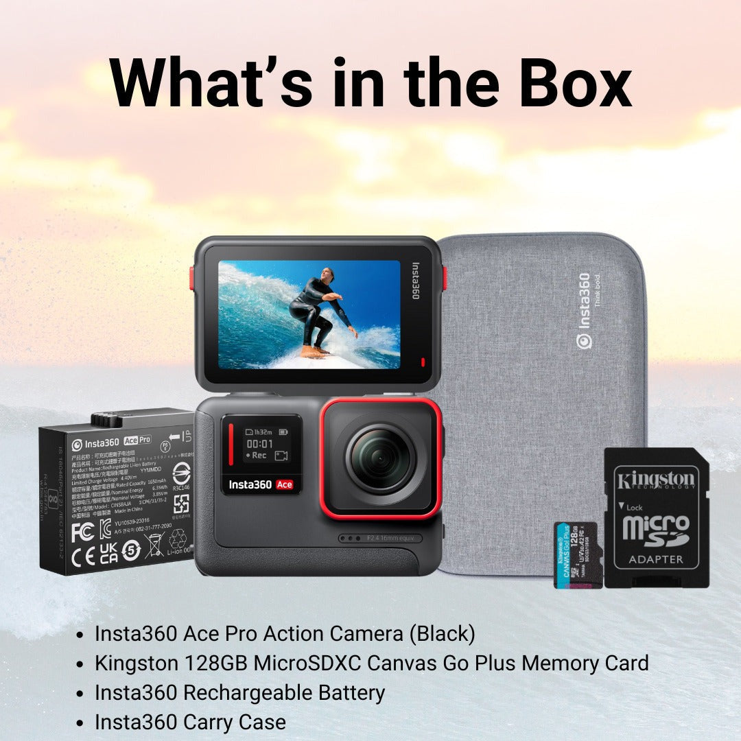 Insta360 Ace Pro Action Camera with Rechargeable Battery, Carry Case, and 128GB MicroSD Card Bundle
