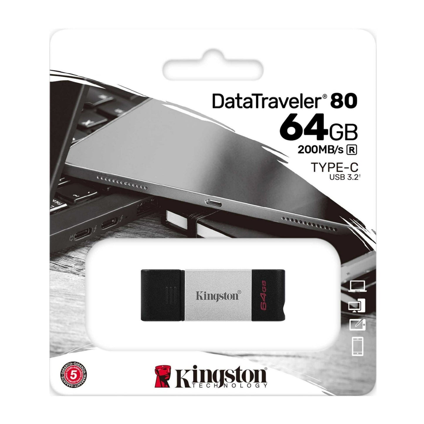 Kingston DataTraveler80 USB 3.2 Gen 1 Type-C Flash Drive, Up to 200MB/s Read (64GB, Metal)