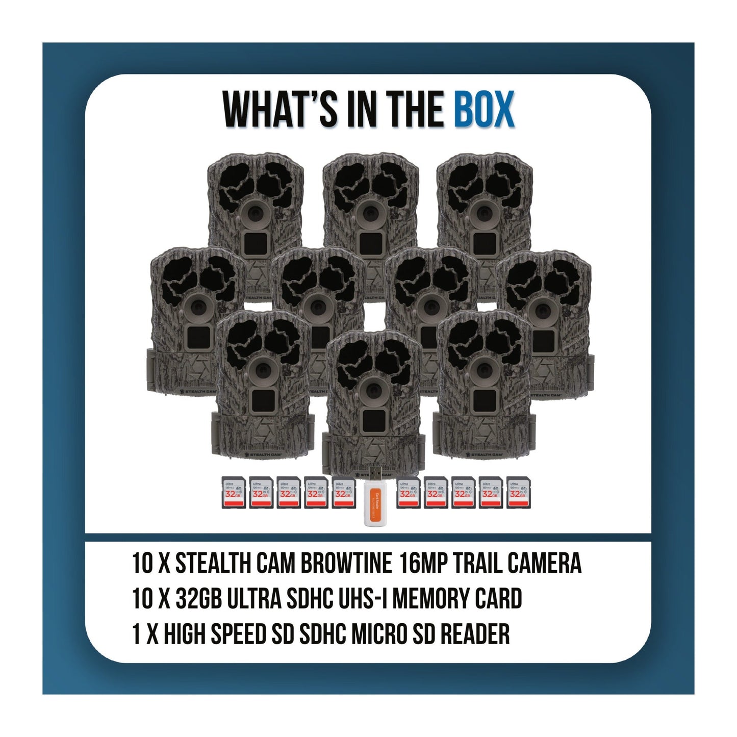 Stealth Cam Browtine Trail Camera Bundle with 32GB Memory Card and Card Reader (10-Pack, 21 Items)
