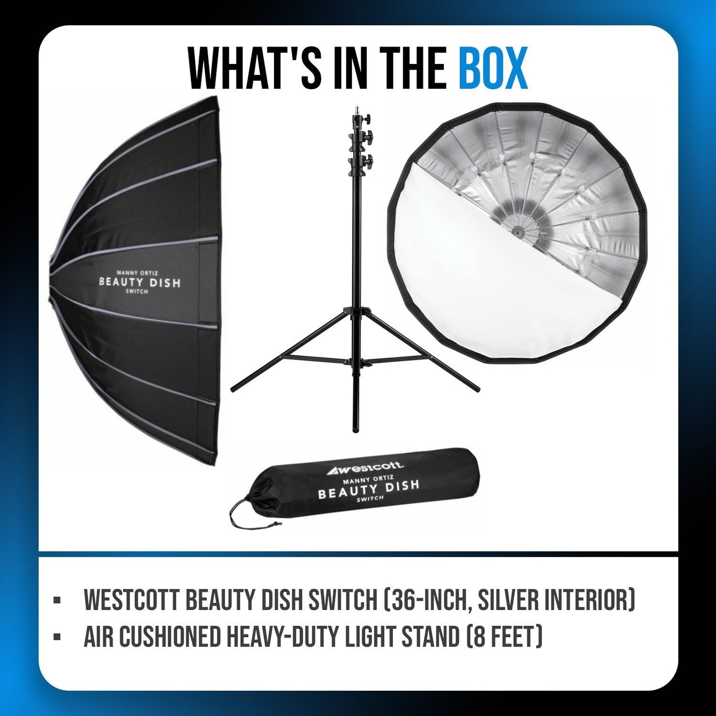 Westcott Beauty Dish Switch (36-Inch, Silver Interior) with Heavy-Duty Light Stand (8 Feet) Bundle
