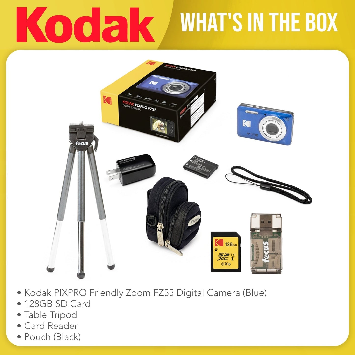 Kodak PIXPRO Friendly Zoom FZ55 Digital Camera (Blue) Bundle