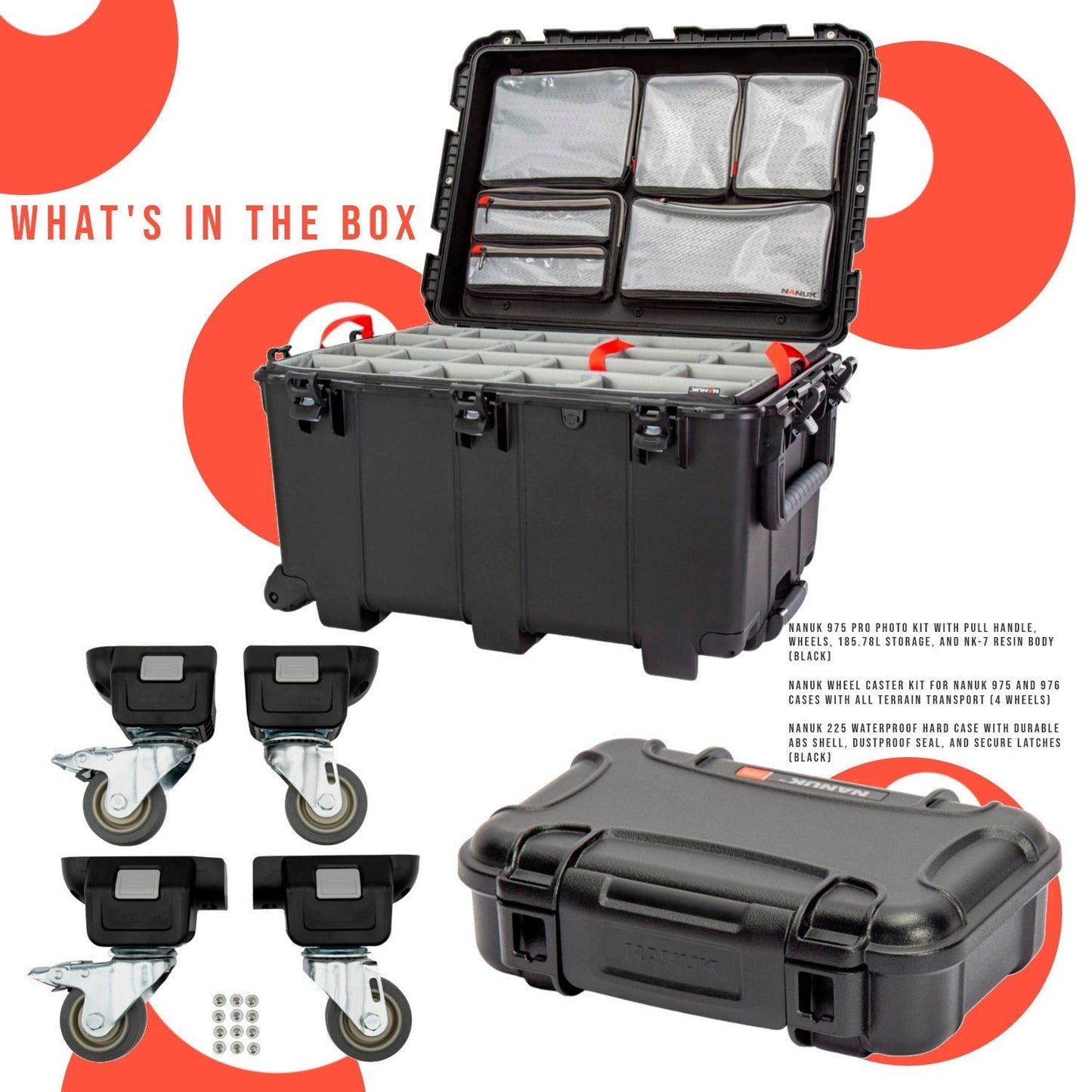 Nanuk 975 Pro Photo Kit with Pull Handle (Black) with Wheel Caster Kit and 225 Hard Case Bundle