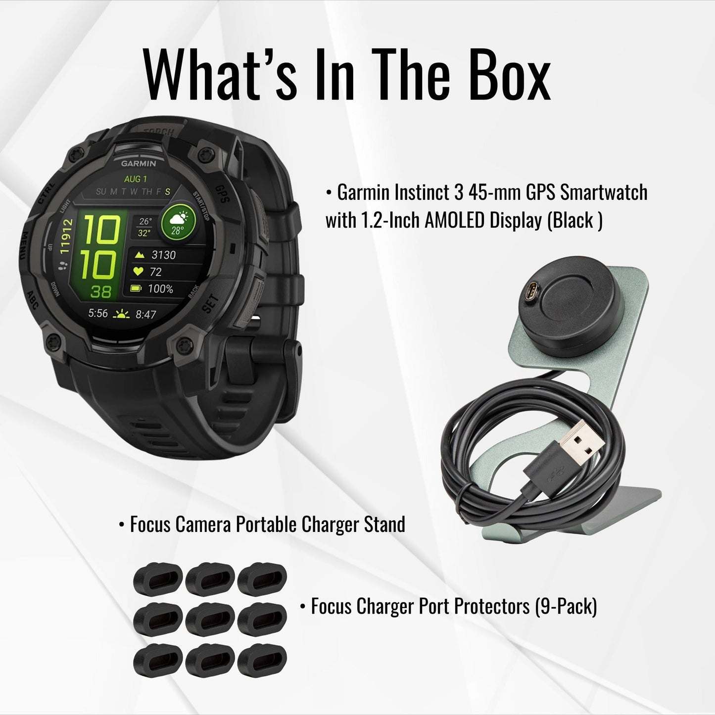 Garmin Instinct 3 45mm AMOLED GPS Smartwatch (Black) and Focus Camera Charger Stand Bundle