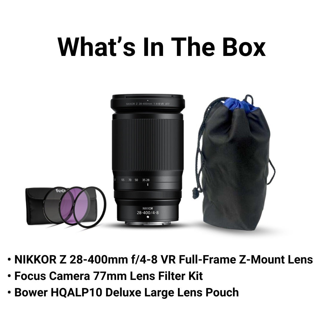 Nikon Z 28-400mm F4-8 VR Full-Frame Z-Mount Lens with 77mm 3-Piece UV, CPL, FLD Filter Kit Bundle