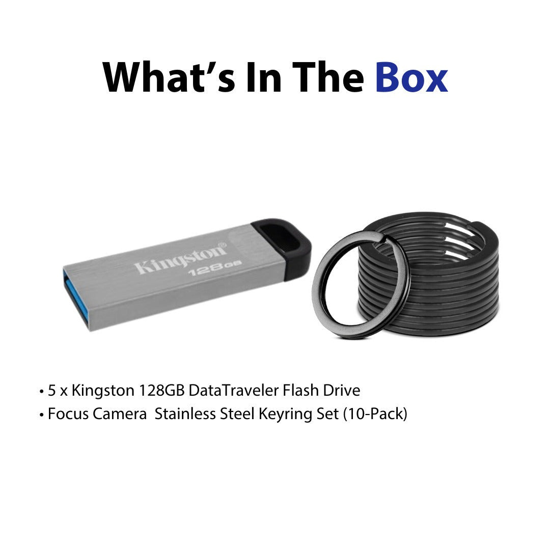 Kingston 128GB DataTraveler Kyson USB 3.2 Flash Drive (5-Pack) and Focus Camera Keyrings Bundle