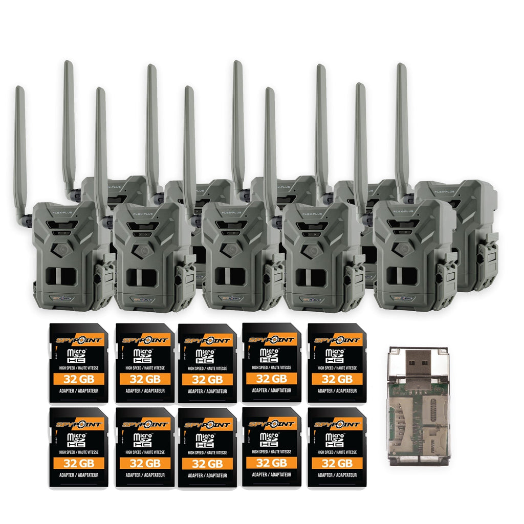 Spypoint FLEX-PLUS Cellular Trail Camera with Memory Card (10-Pack) and Reader