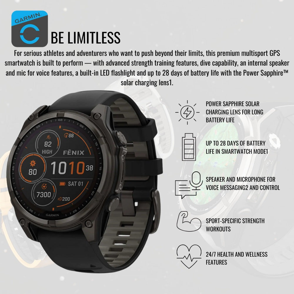 Garmin fenix 8 Sapphire Solar 47mm Smartwatch with LED Flashlight (Black and Pebble Gray) Bundle