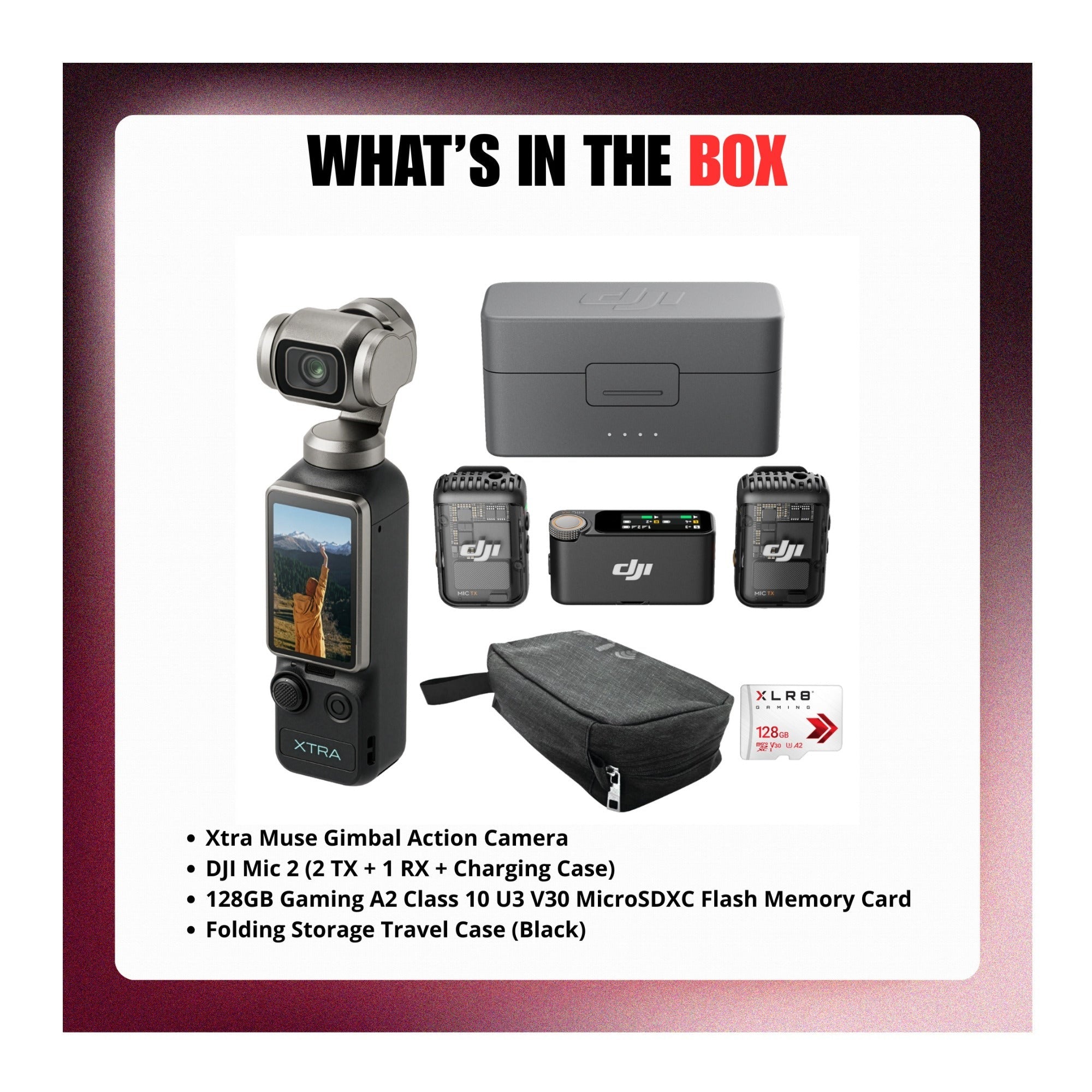 Xtra Muse Gimbal Action Camera with Wireless Mic, Memory Card and Travel Case