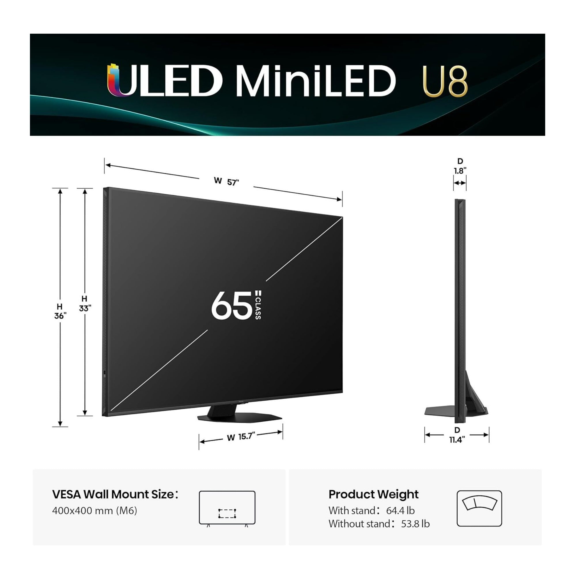 Hisense 65U8QG 65-Inch U8 Series ULED Mini-LED 4K UHD 165Hz Smart Google TV