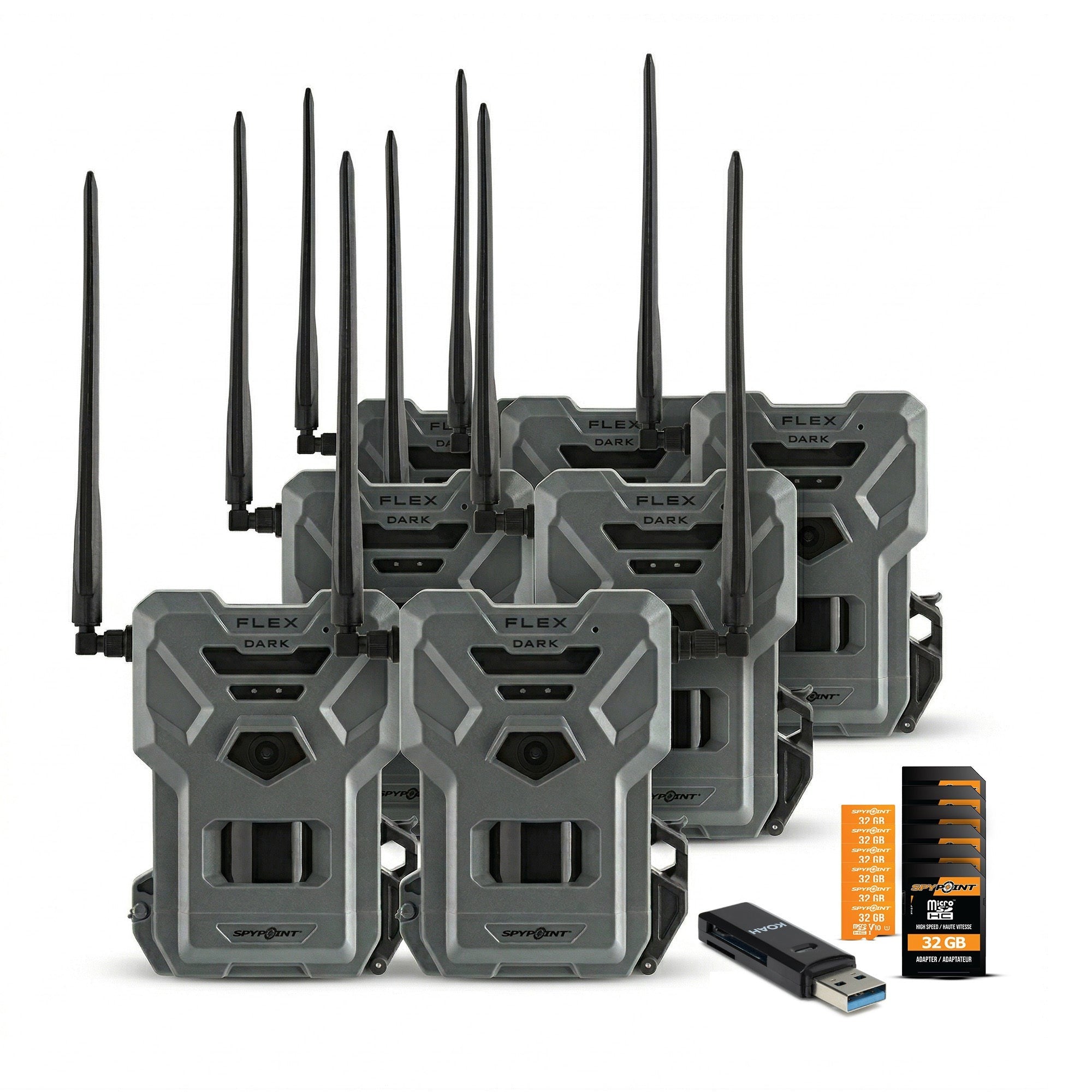 Spypoint Flex Dark GPS Cellular Trail Camera (6 Pack) with Accessories Bundle