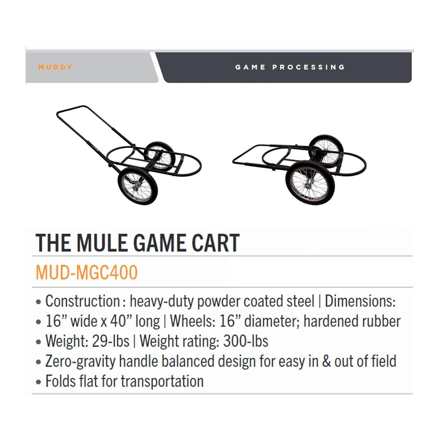 Muddy Mule Game Cart with 16 Inch Wheels and 300 Lbs. Capacity