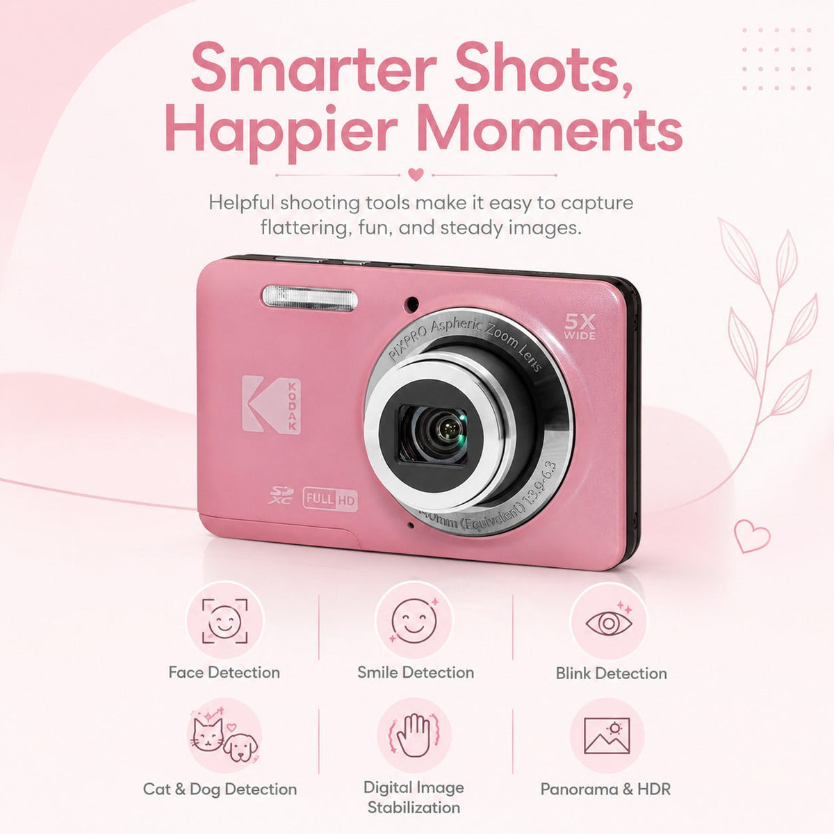 Kodak PixPro Friendly Zoom FZ55 16MP FHD Digital Camera (Pastel Pink) Bundle