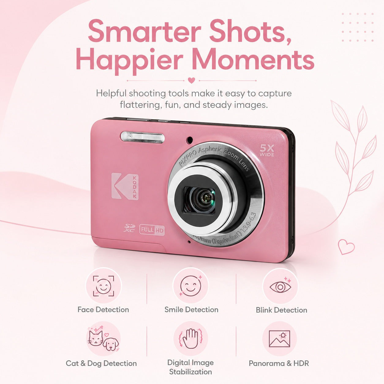 Kodak PixPro Friendly Zoom FZ55 16MP FHD Digital Camera (Pastel Pink) Bundle