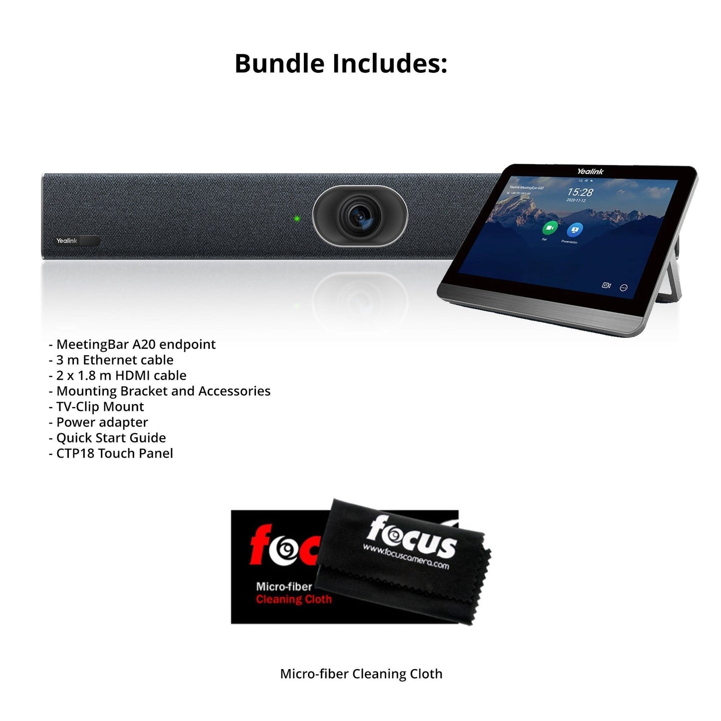 Yealink A20 MeetingBar and CTP18 Collaboration Touch Panel with Microfiber Cleaning Cloth Bundle