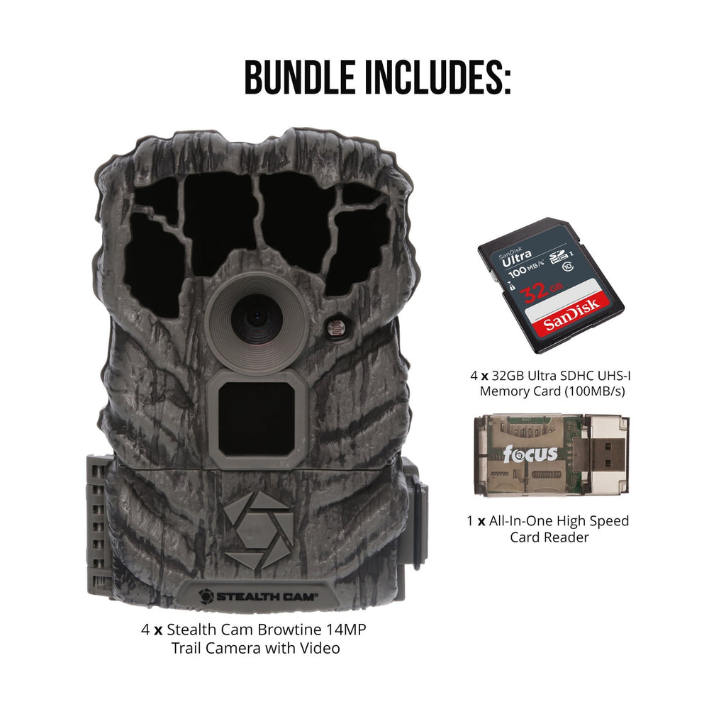 Stealth Cam Browtine 14MP Trail Camera (4-Pack) with 32GB Cards and Card Reader