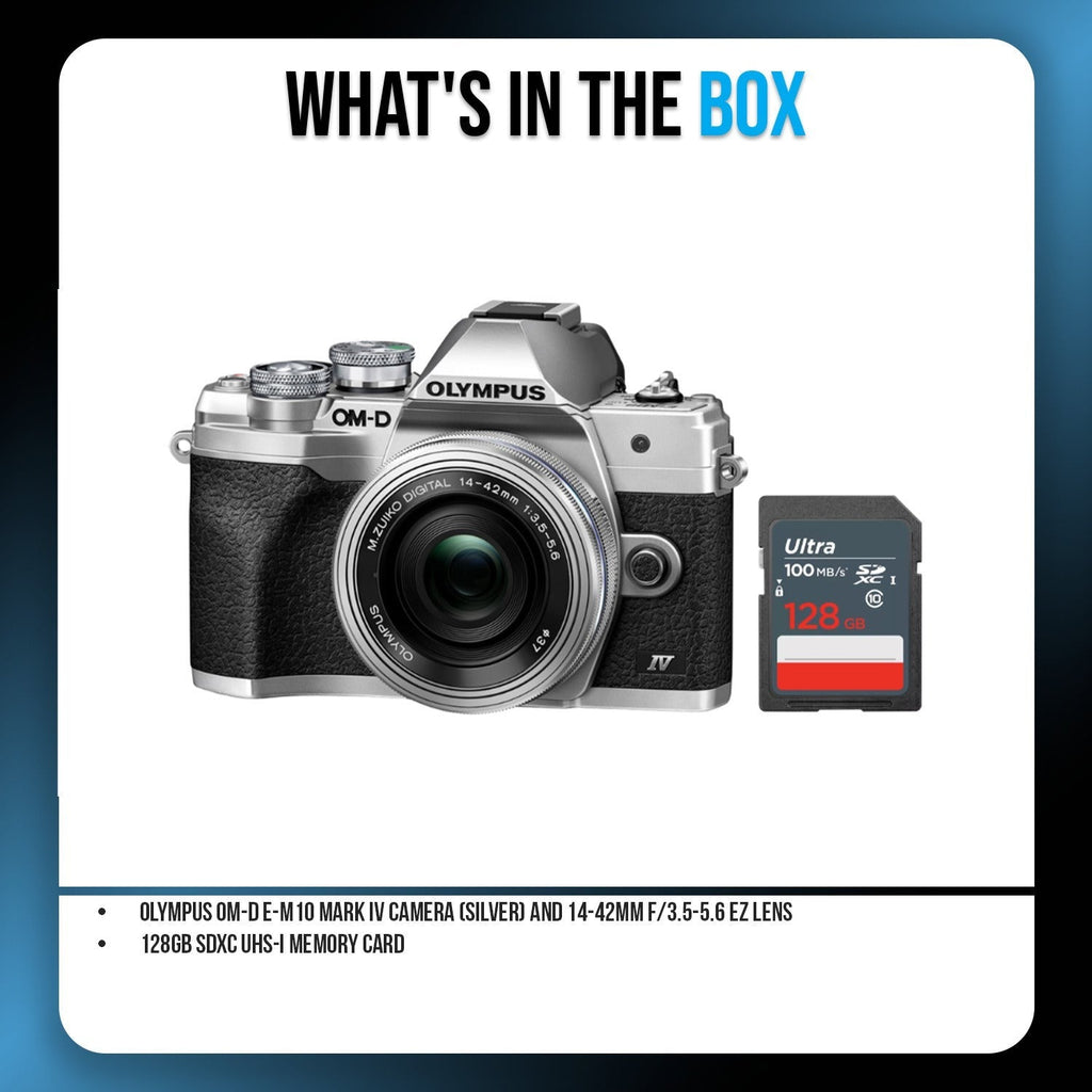 OM System OM-D E-M10 Mark IV Camera with 14-42mm EZ Lens (Silver) Bundle with 128GB Memory Card