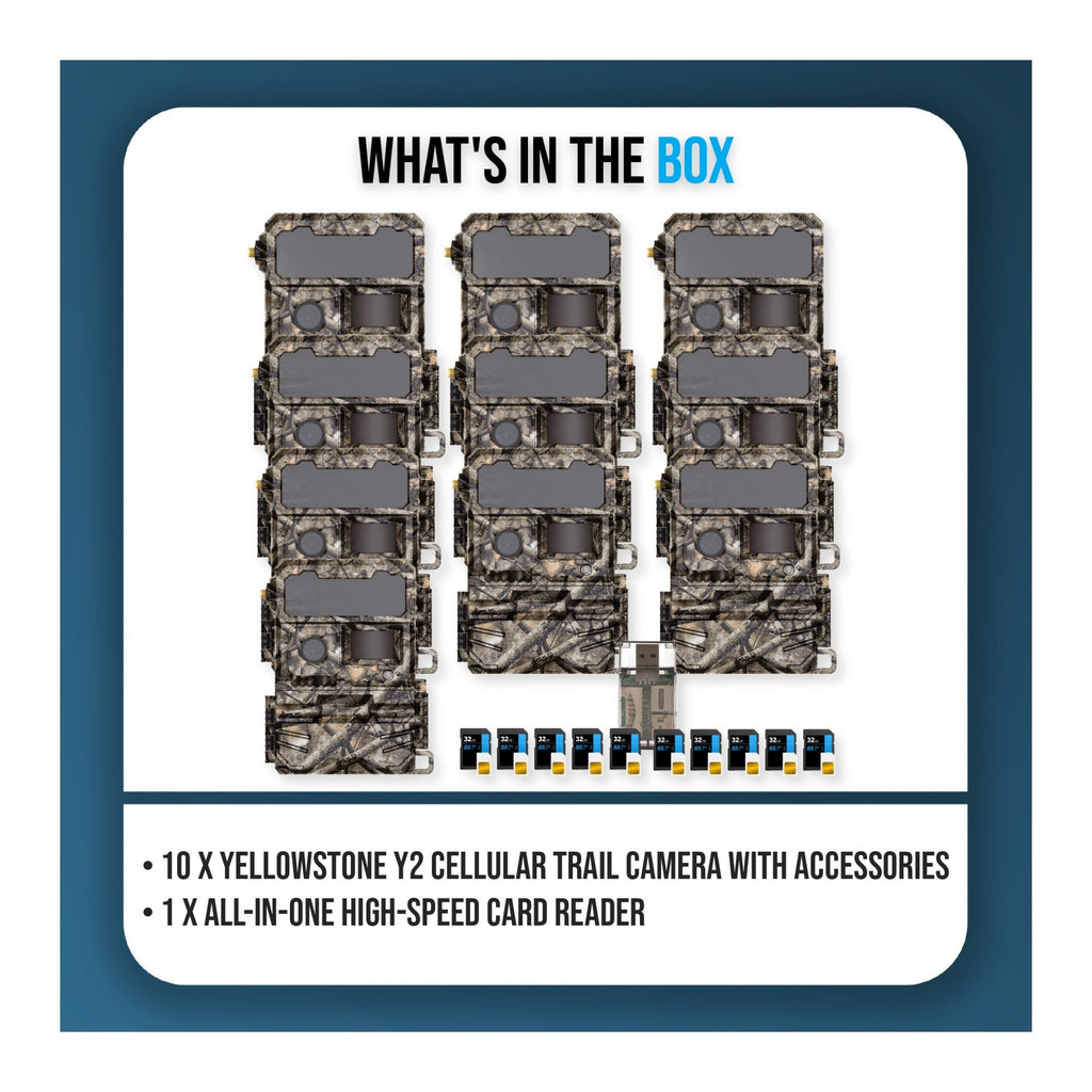 Yellowstone Y2 Cellular Trail Camera Bundle with High-Speed Card Reader, and Accessories (10-Pack)