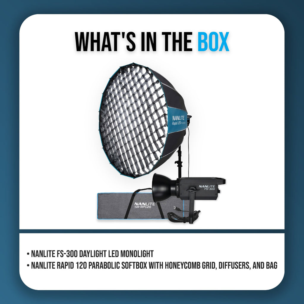 Nanlite FS-300 Daylight AC LED Monolight Bundle with Rapid 120 Parabolic Softbox
