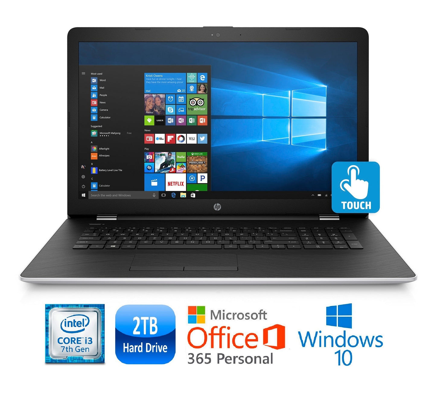 HP 17-bs011cy 17.3" HD+ Laptop, Intel Core i3-7100U, 2TB HDD, Natural Silver (Refurbished)