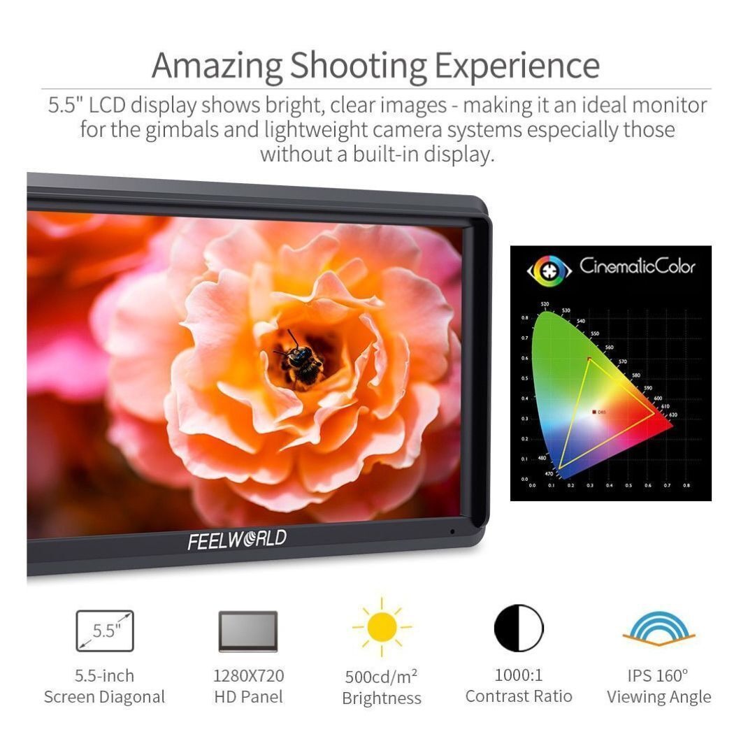 FeelWorld S55 V2 5.5-Inch Camera DSLR Field Monitor with 4K HDMI Input and Output Without Delay