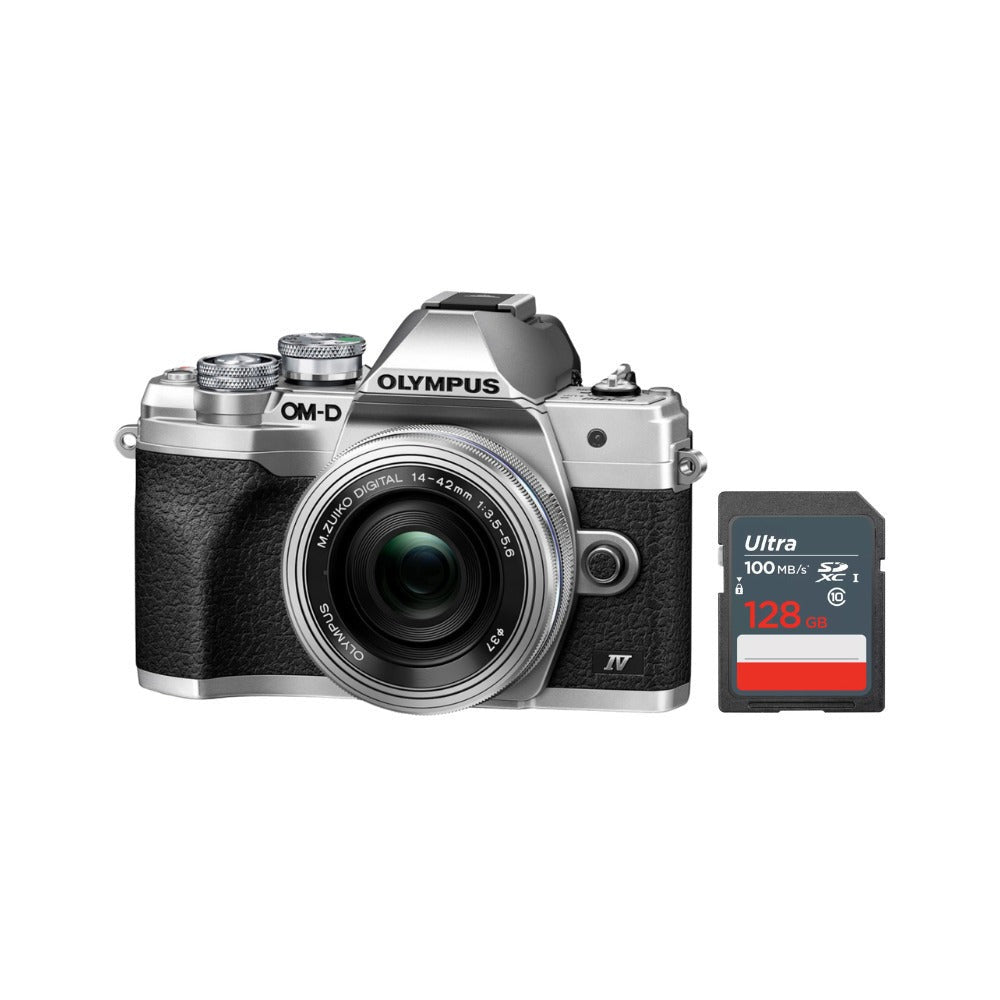 OM System OM-D E-M10 Mark IV Camera with 14-42mm EZ Lens (Silver) Bundle with 128GB Memory Card