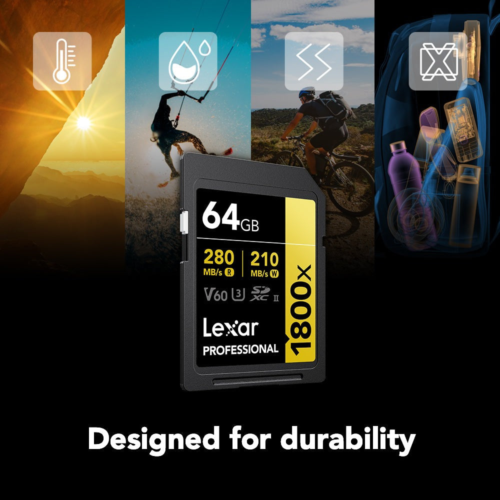 Lexar Professional 1800x SDXC UHS-II Card Gold Series, 280 MB/s Read, 210 MB/s Write (64GB, 2-Pack)