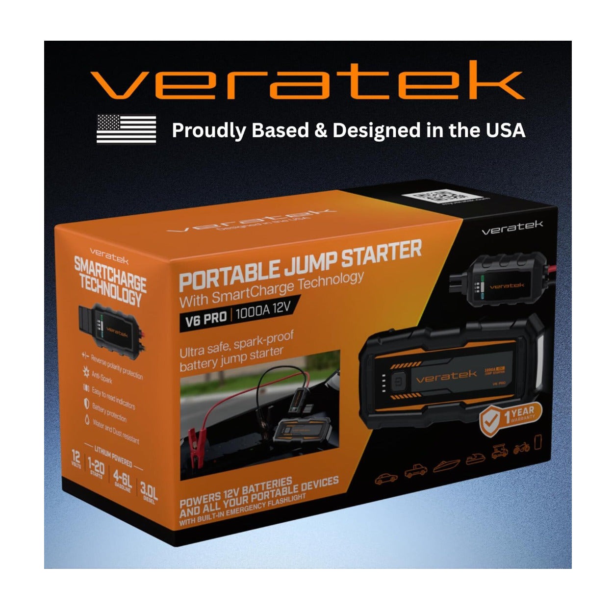 Veratek V6 Pro Jump Starter and Air Compressor 1000A 10000mAh Portable Car Battery Booster