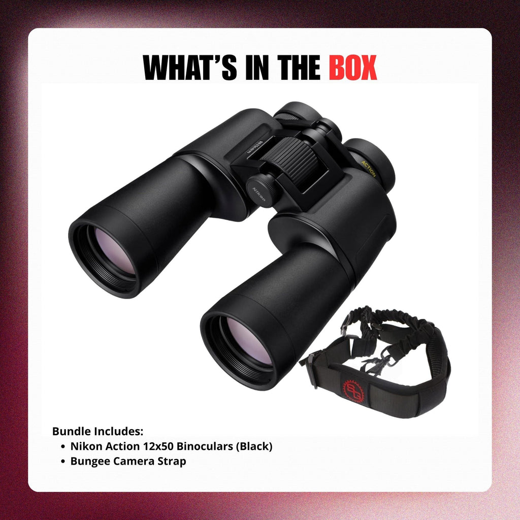 Nikon Action 12x50 Binoculars (Black) with Bungee Strap Bundle